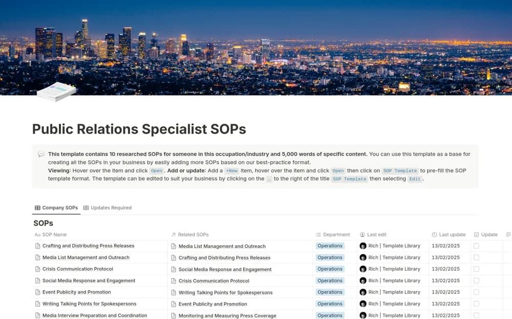 Public Relations Specialist SOPs Notion template preview