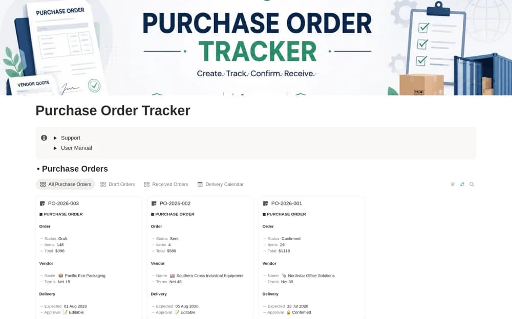 Purchase Order Tracker — preview from Notion Marketplace