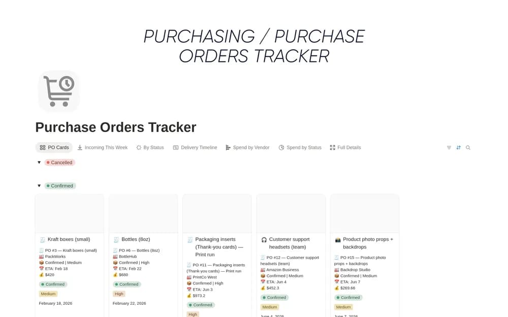 Purchase Orders Tracker Notion template preview