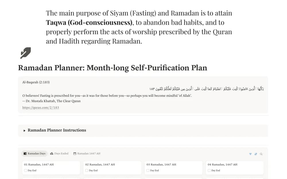 Ramadan Planner: Month-long Self-Purification Plan Notion template preview