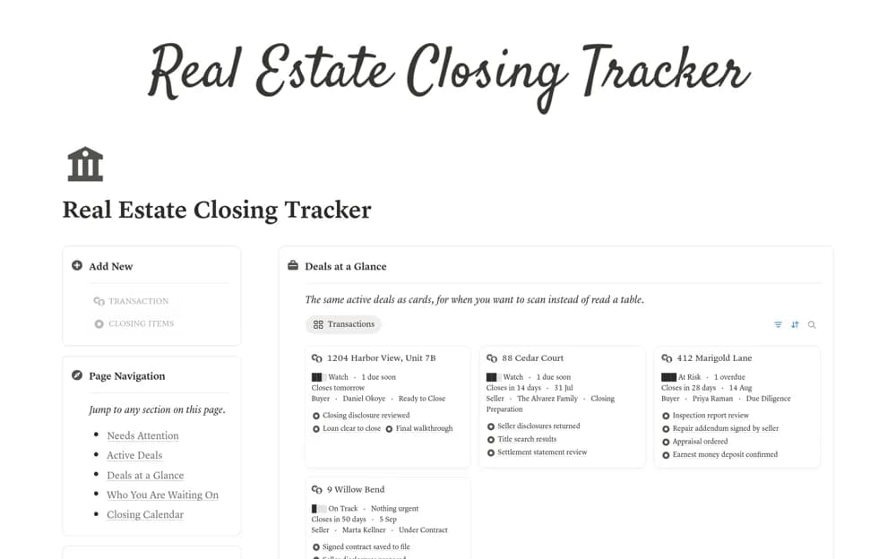 Real Estate Agent Transaction & Closing Tracker Notion template preview