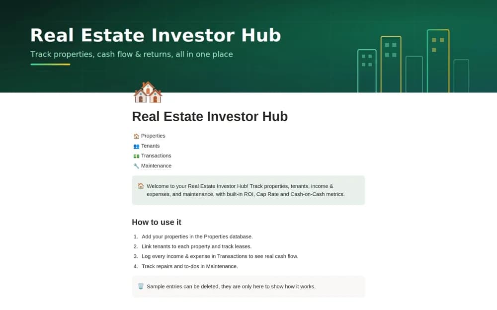 Real Estate Investor Hub — Rental Property Tracker Notion template preview