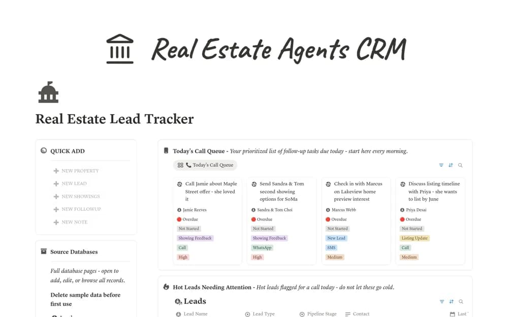 Real Estate Lead Pipeline - CRM for Agents Notion template preview