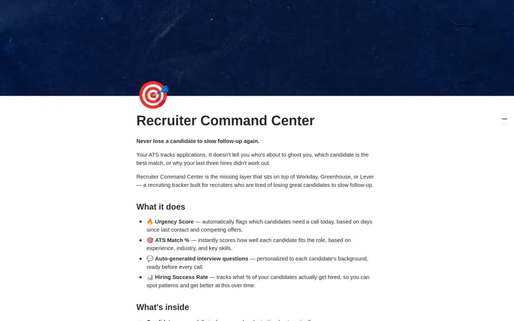 RecruiterOS — Recruiting Tracker Notion template preview