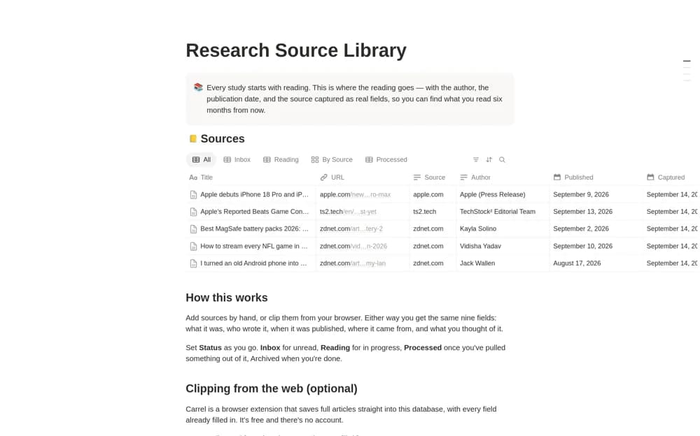 Research Source Library Notion template preview