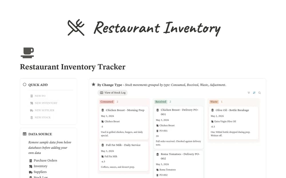 Restaurant Inventory Tracker — preview from Notion Marketplace