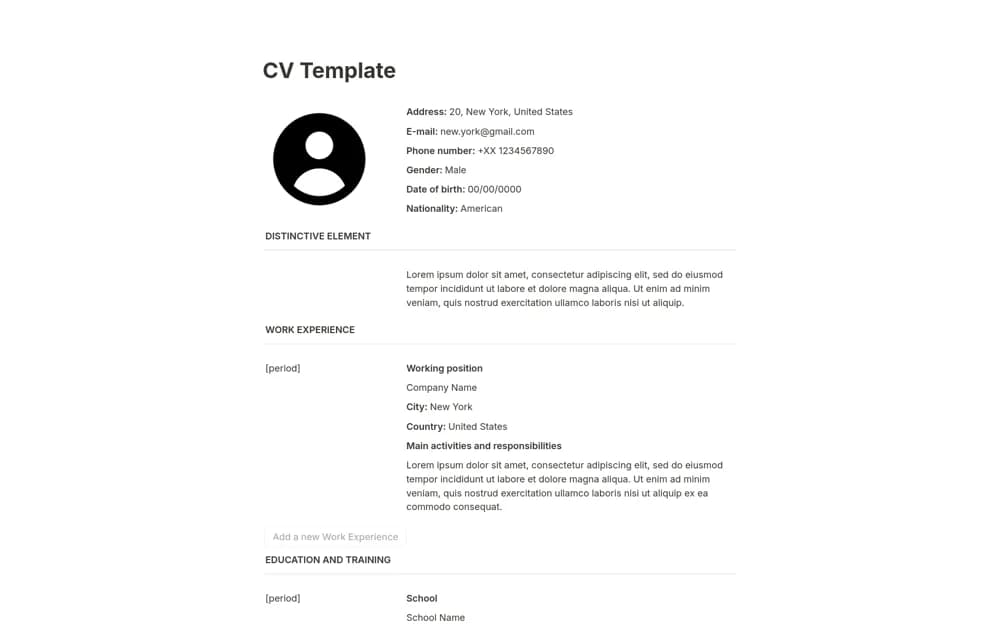 Resume / CV Notion template preview