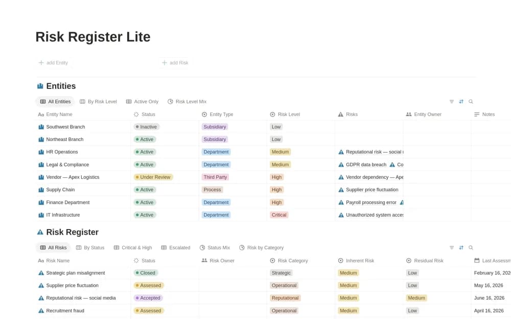 Risk Register Lite — Audit Risk Tracking Notion template preview