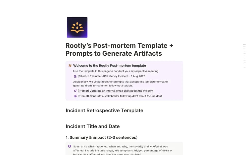 Post-mortem + example and prompts Notion template preview