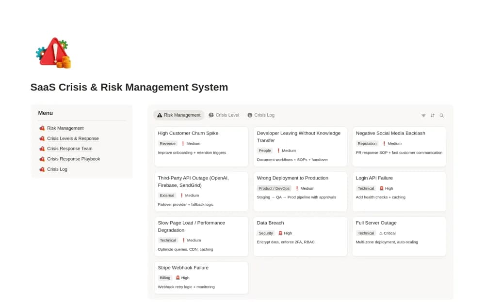 SaaS Crisis & Risk Management System Notion template preview