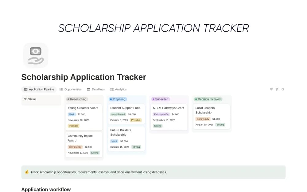 Scholarship Application Tracker Notion template preview