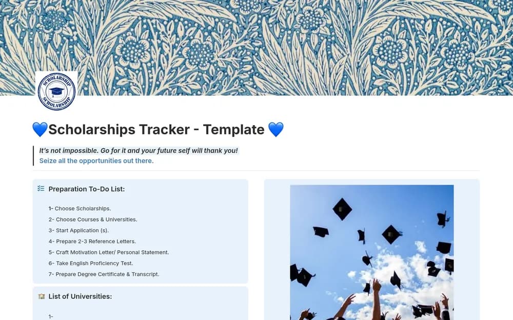 Scholarships Tracker Notion template preview