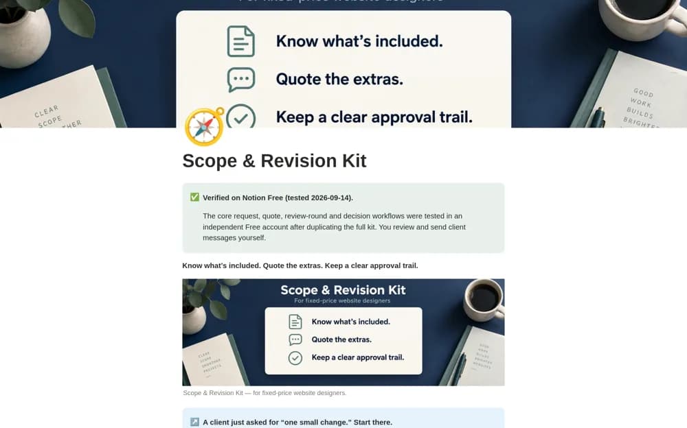 Scope & Revision Kit for Web Designers Notion template preview