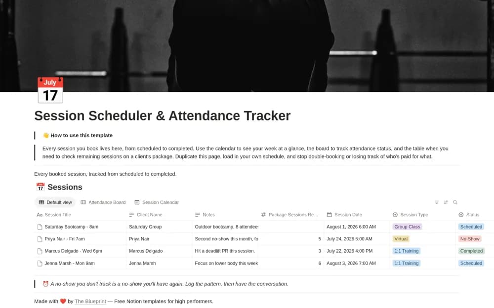 Session Scheduler & Attendance Tracker Notion template preview