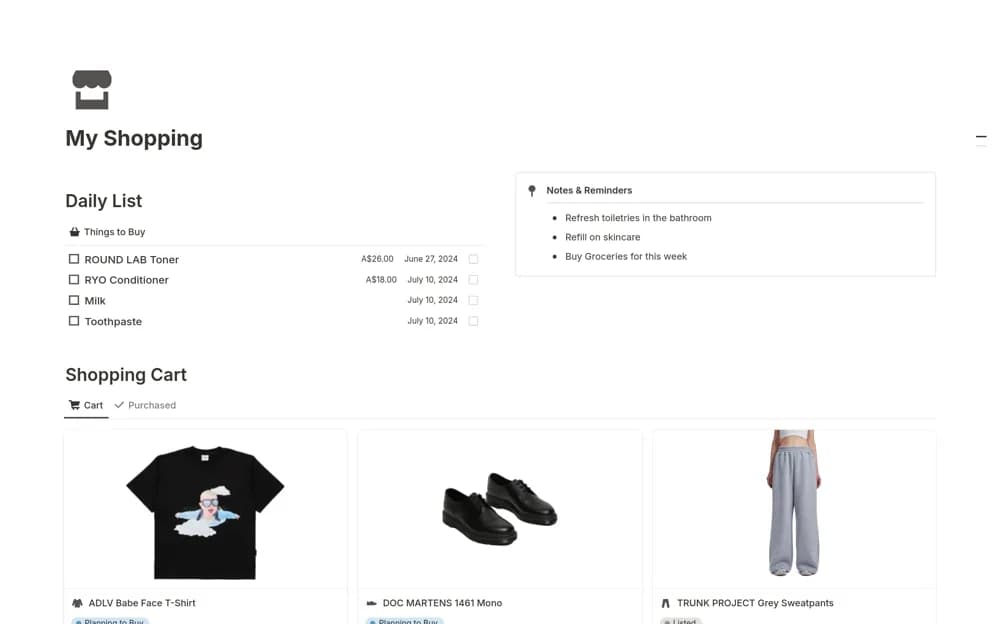Shopping Page — preview from Notion Marketplace