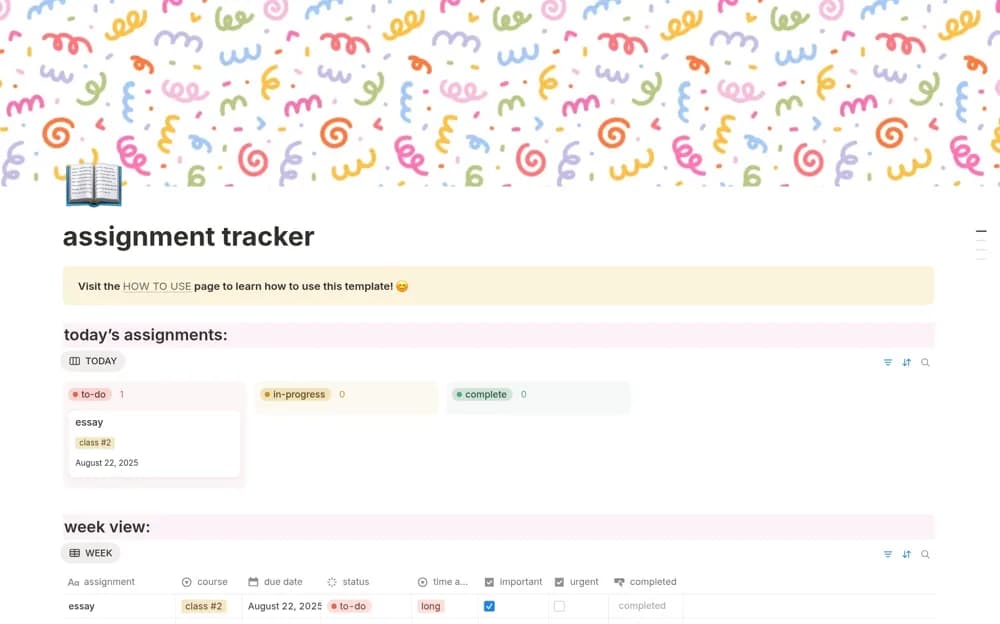 Simple Assignment & Homework Tracker Notion template preview