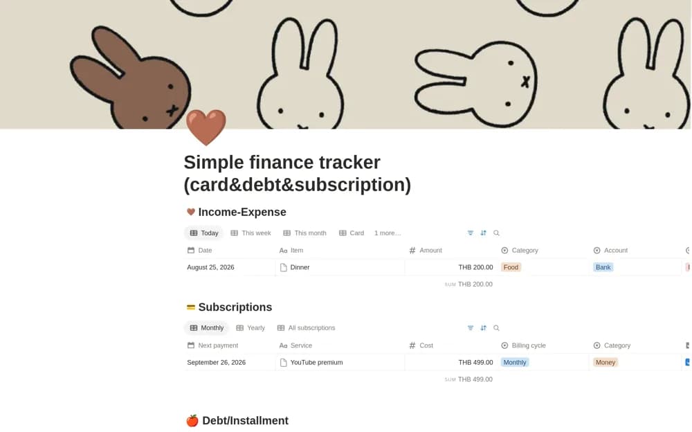 Simple finance tracker (card&subscription) Notion template preview