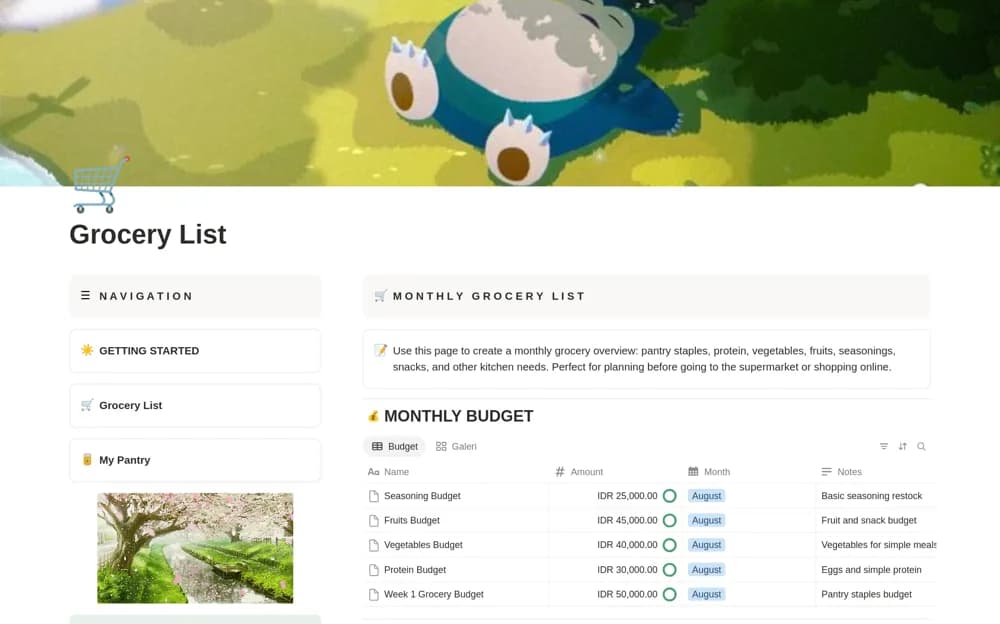 Simple Grocery Budget Tracker Notion template preview
