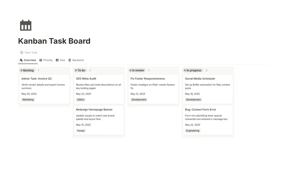 Kanban Task Board — preview from Notion Marketplace