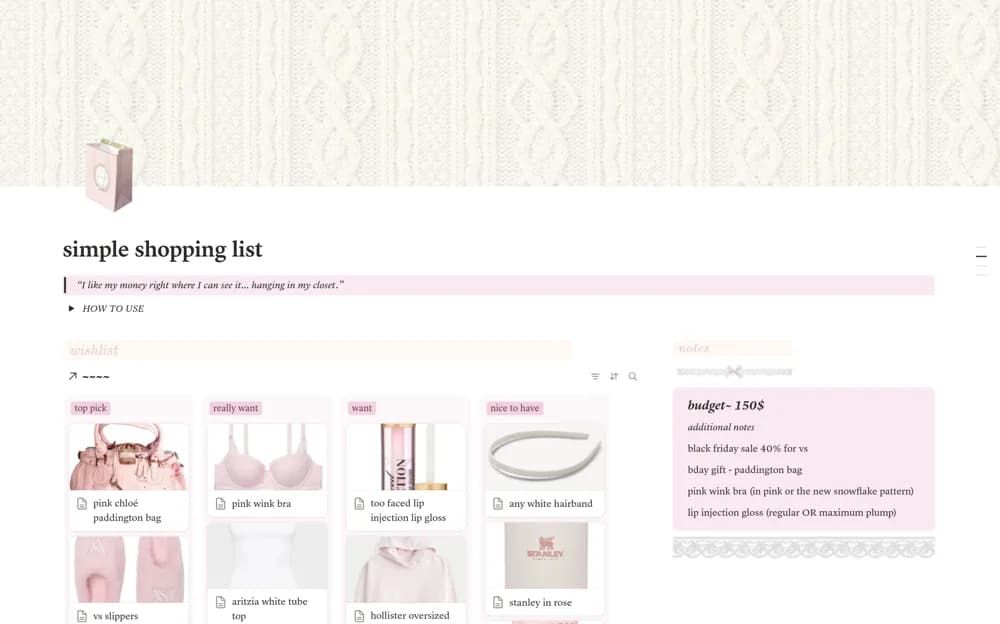 simple shopping list — preview from Notion Marketplace