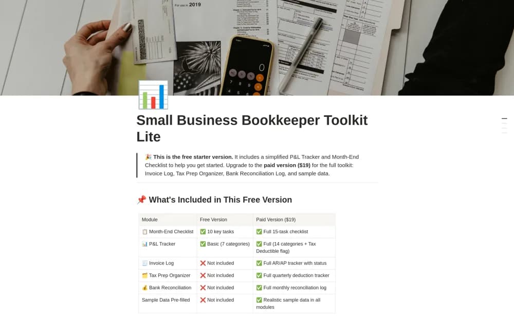 Small Business Bookkeeper Toolkit Lite Notion template preview