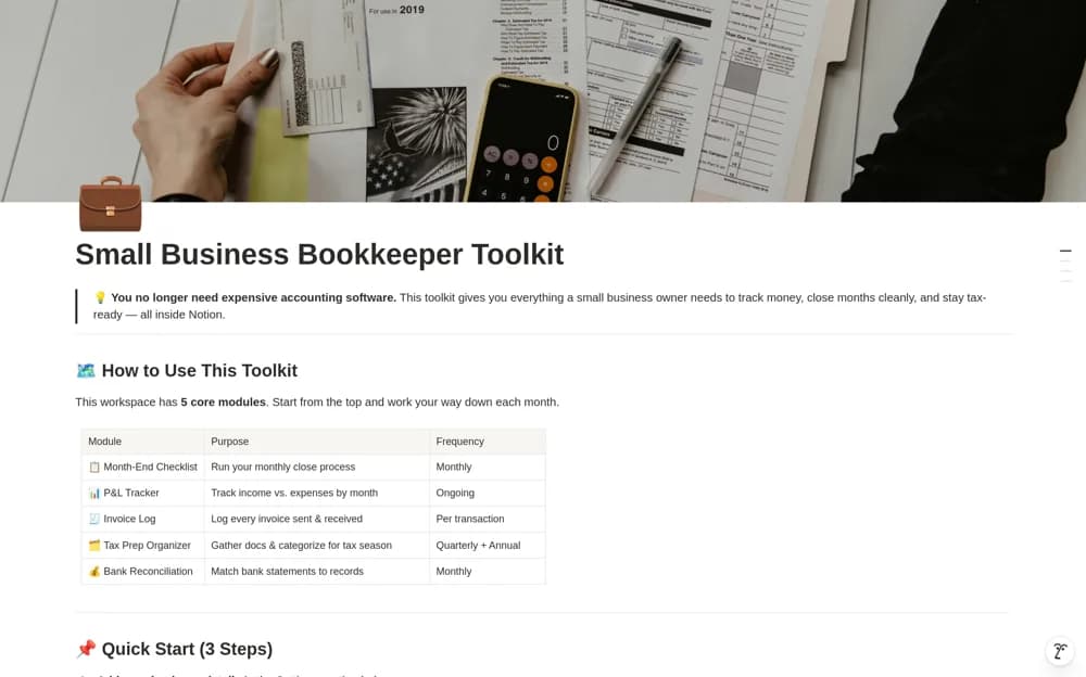 Small Business Bookkeeper Toolkit Notion template preview