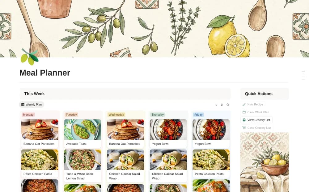 Smart Meal & Recipe Planner (Weekly) Notion template preview