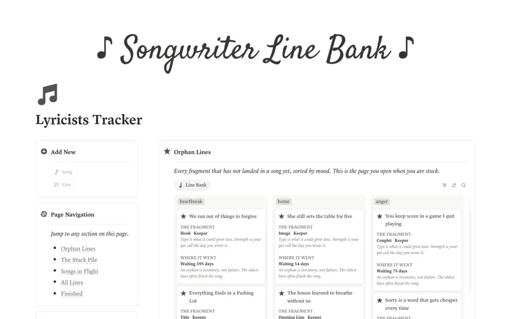 Songwriting & Lyrics Tracker with Idea Bank Notion template preview