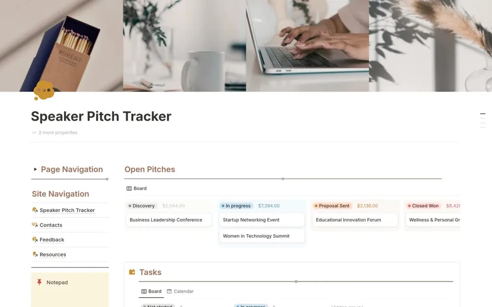 Speaking Pitch Tracker w Feedback Form Notion template preview