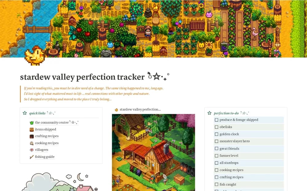 Stardew Valley Perfection Tracker — preview from Notion Marketplace