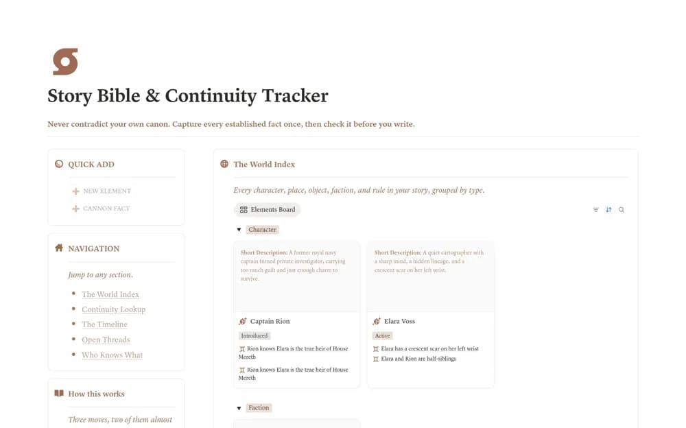 Story Bible: Novel & Book Writing Tracker Notion template preview