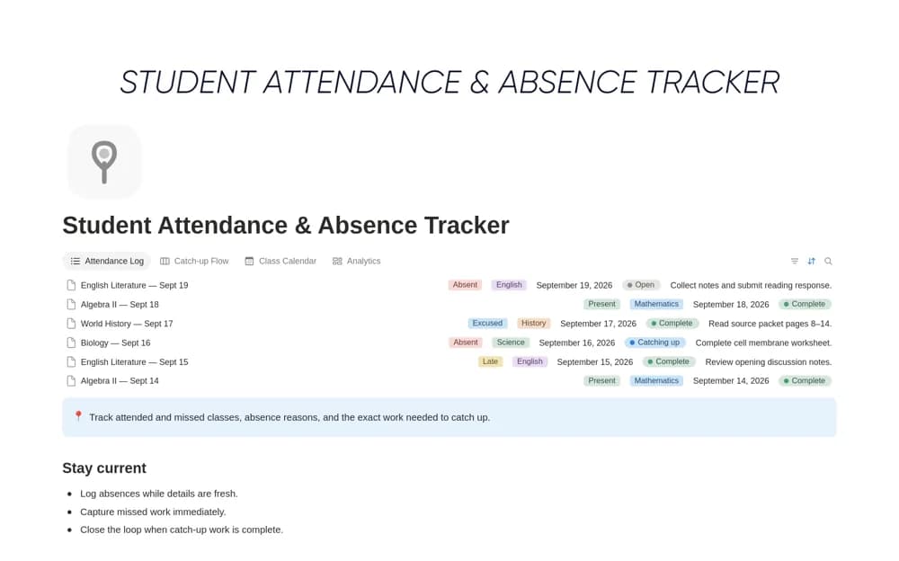 Student Attendance & Absence Tracker Notion template preview