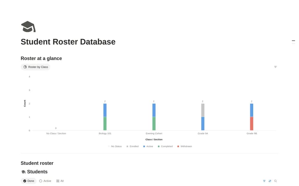 Student Roster Database Notion template preview