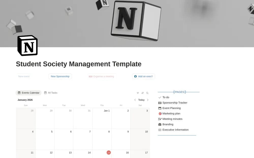 Student Society Management Notion template preview