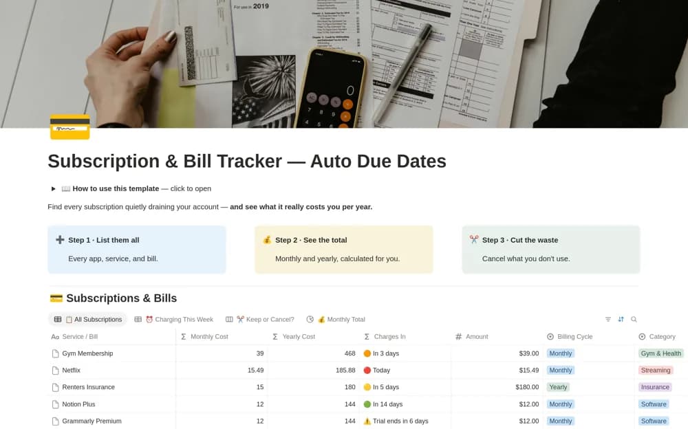 Subscription & Bill Tracker — Auto Due Dates — preview from Notion Marketplace