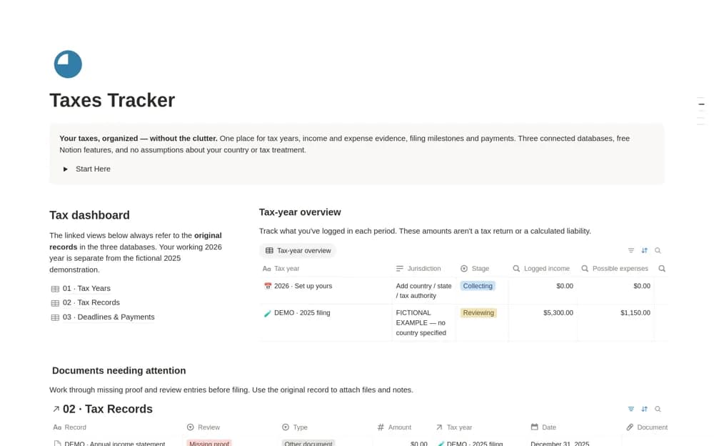 Tax Tracker & Filing Organizer Notion template preview