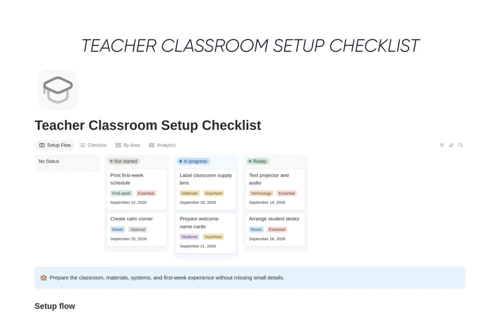 Teacher Classroom Setup Checklist Notion template preview