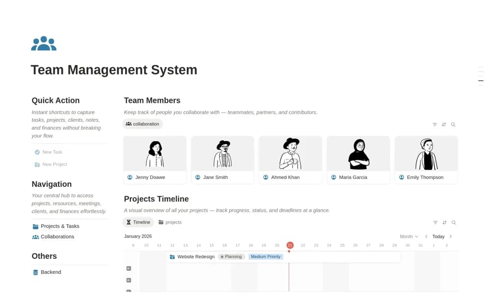 Team Hub - Team Collaboration Management System Notion template preview