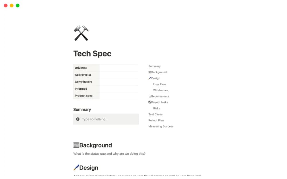 Tech Spec Notion template preview