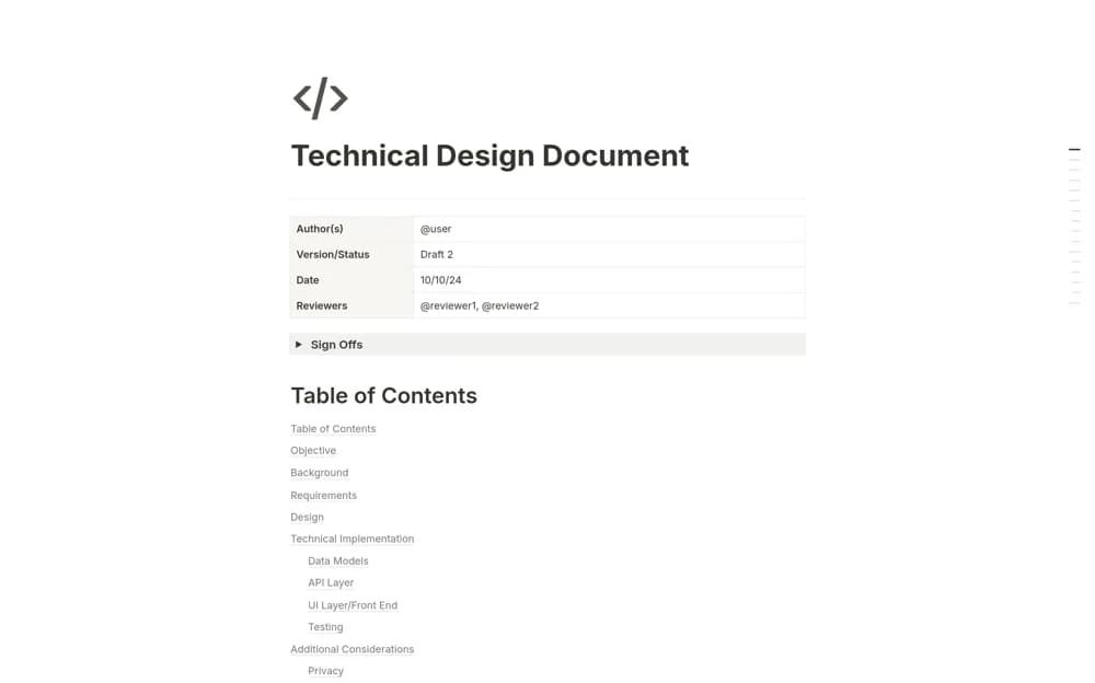 Technical Design Document Notion template preview