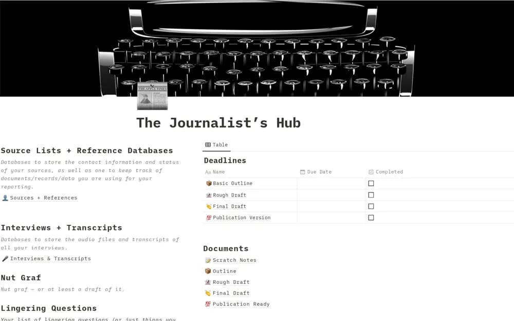 The Journalist's Hub Notion template preview