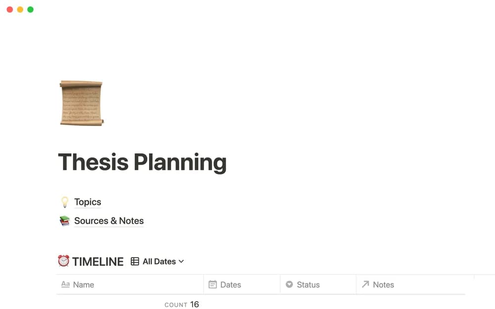Thesis planning Notion template preview