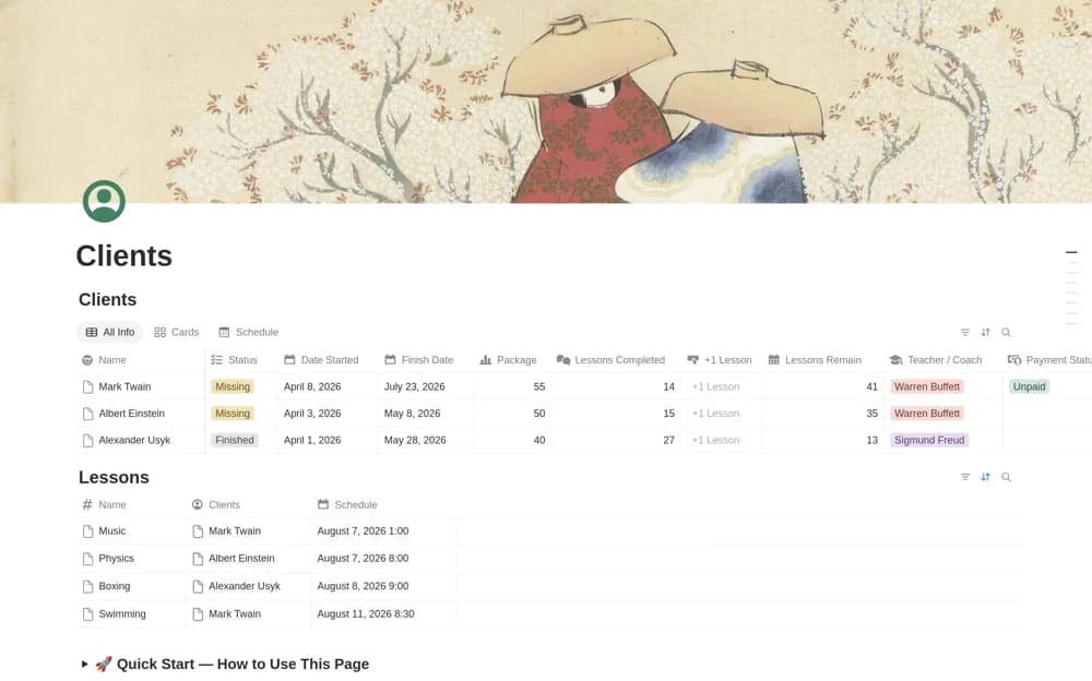 Tracker for Teachers & Coaches Notion template preview