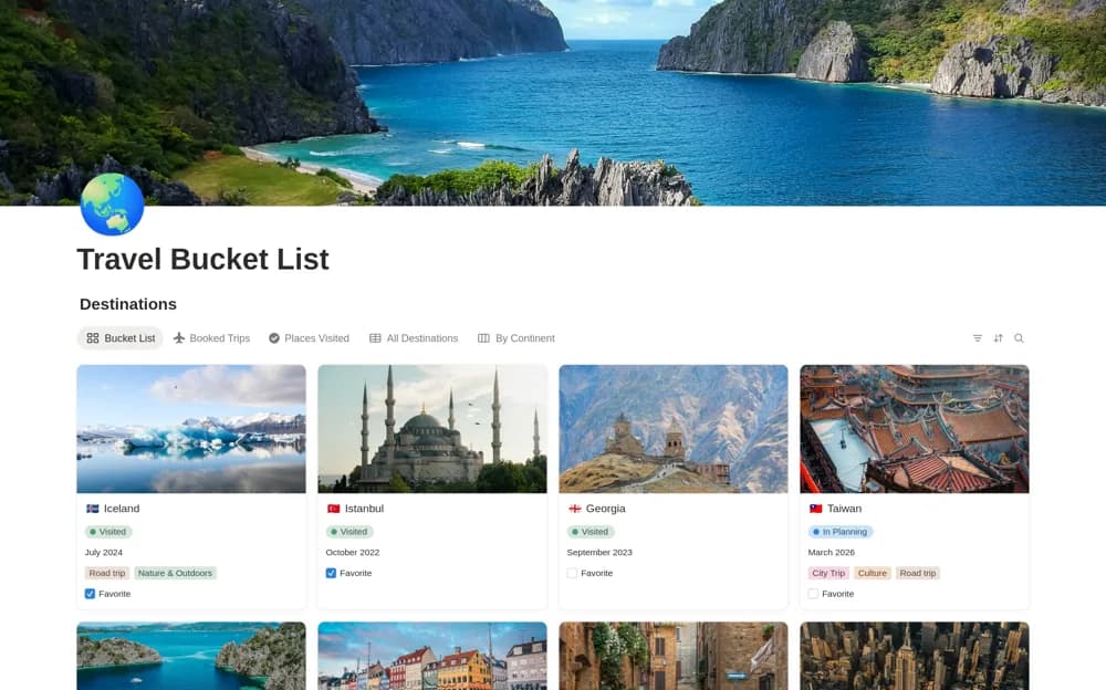 Travel Bucket List Notion template preview