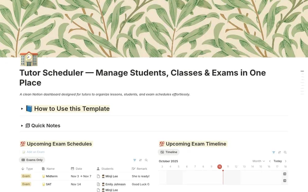 Tutor Scheduler — Manage Students & Classes Notion template preview