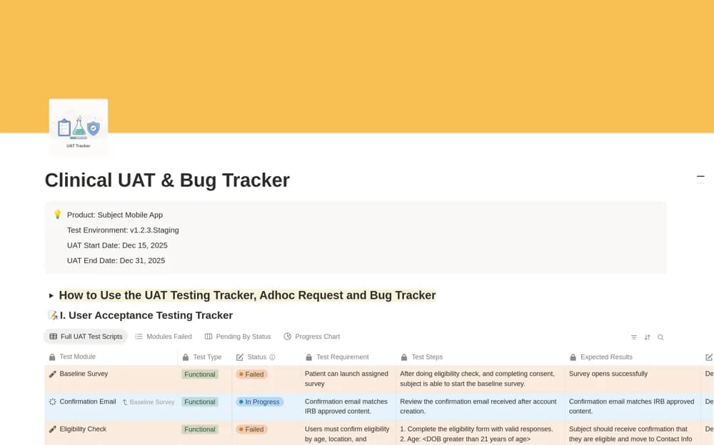 UAT Tracker for Digital Health Startups Notion template preview
