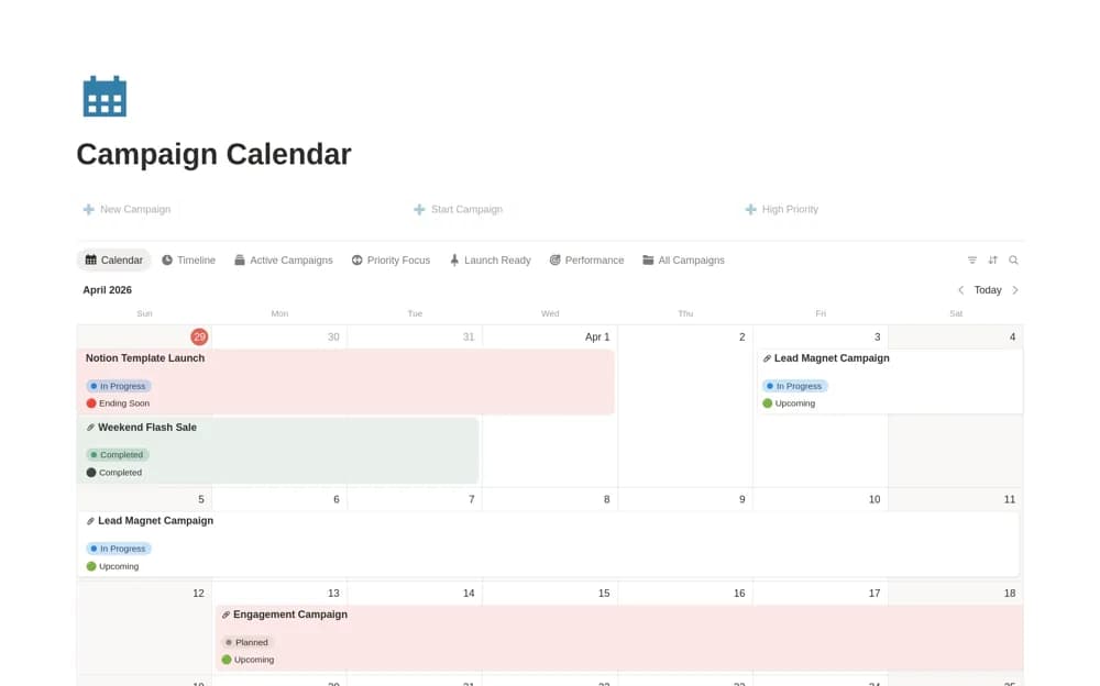 Updated Campaign Calendar Notion template preview