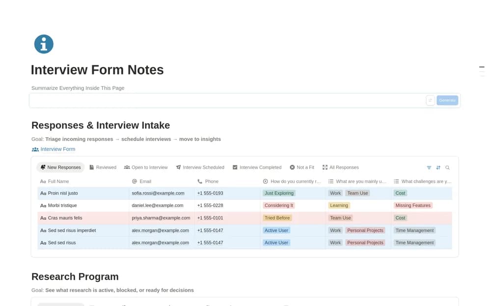 User Interview Form & Notes – UX Research — preview from Notion Marketplace