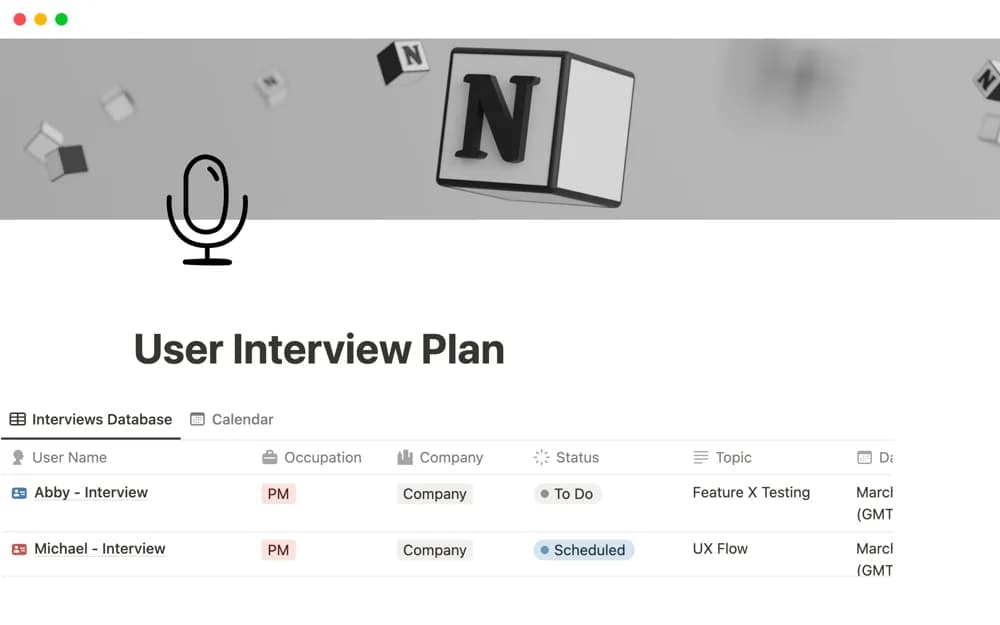 User Interview Plan Notion template preview