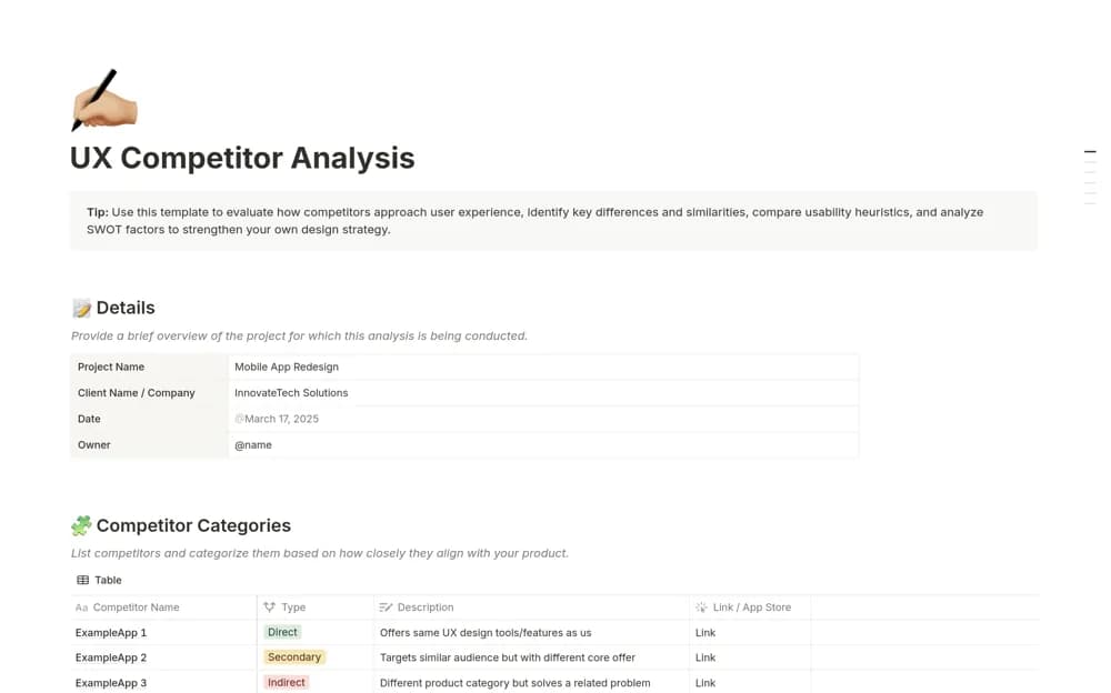 UX Competitor Analysis Notion template preview